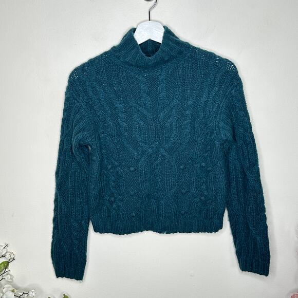 VINCE Interlaced Cable Knit Turtleneck Sweater Alpaca Dark Malachite Teal {R48} - Picture 2 of 6
